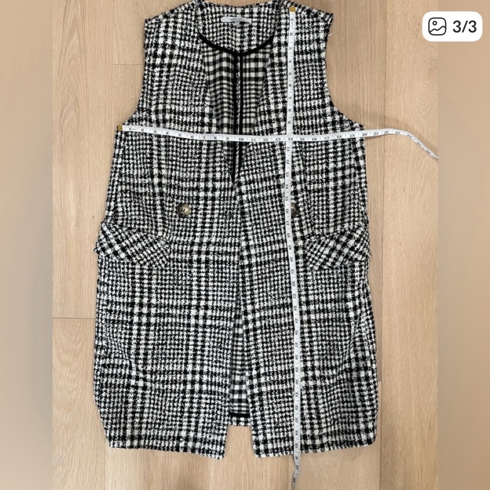Tweed Vest long coat+Warm+Black and white pockets+EUC